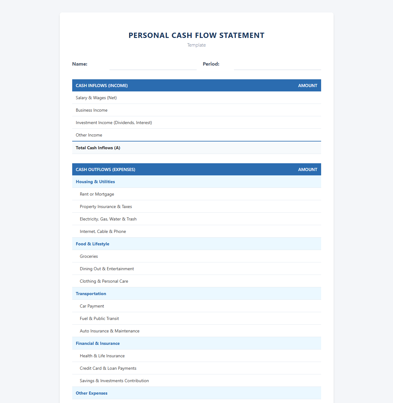 Personal Cash Flow Statement Template