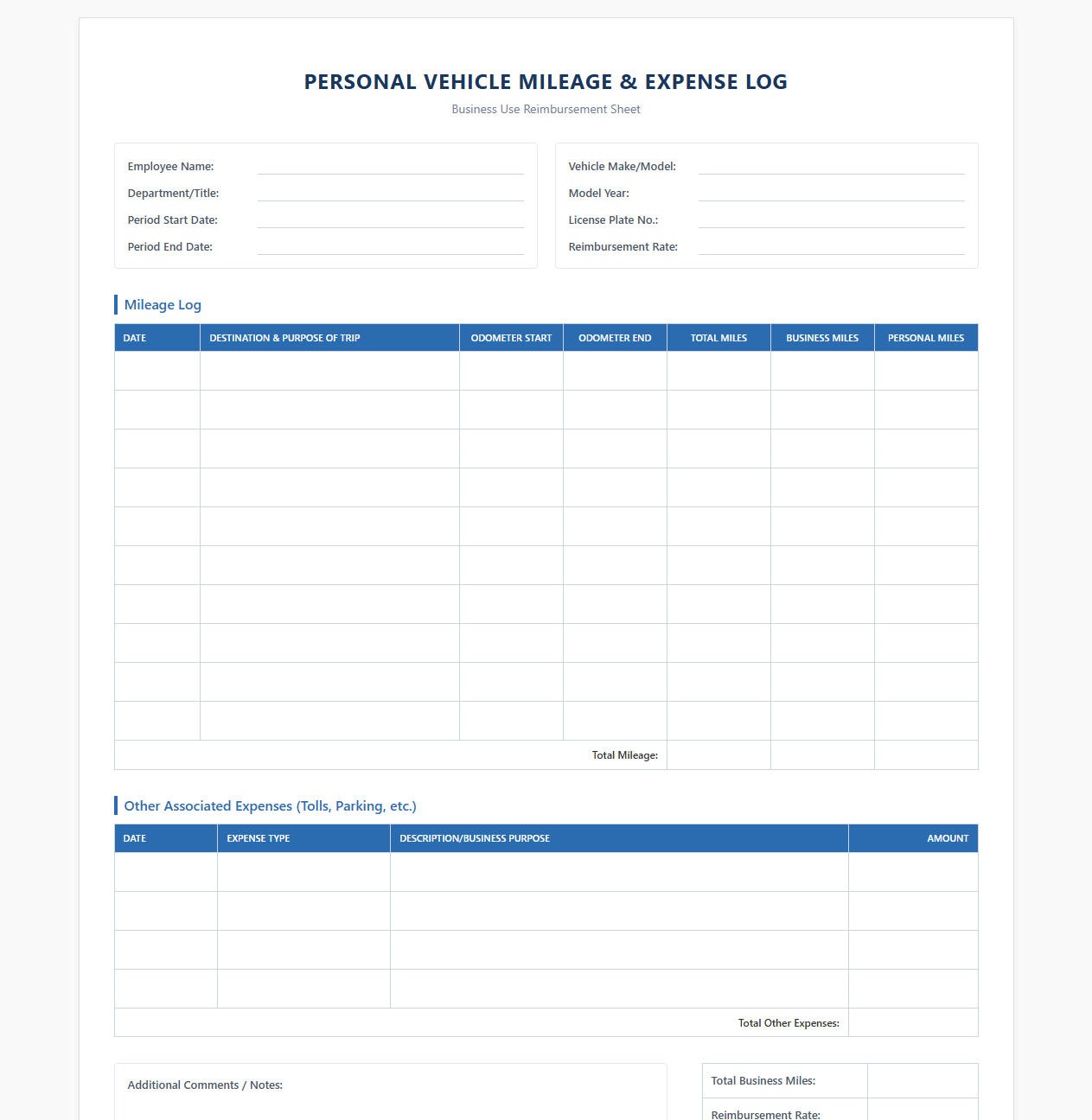 Personal Vehicle Business Mileage Log and Expense Sheet