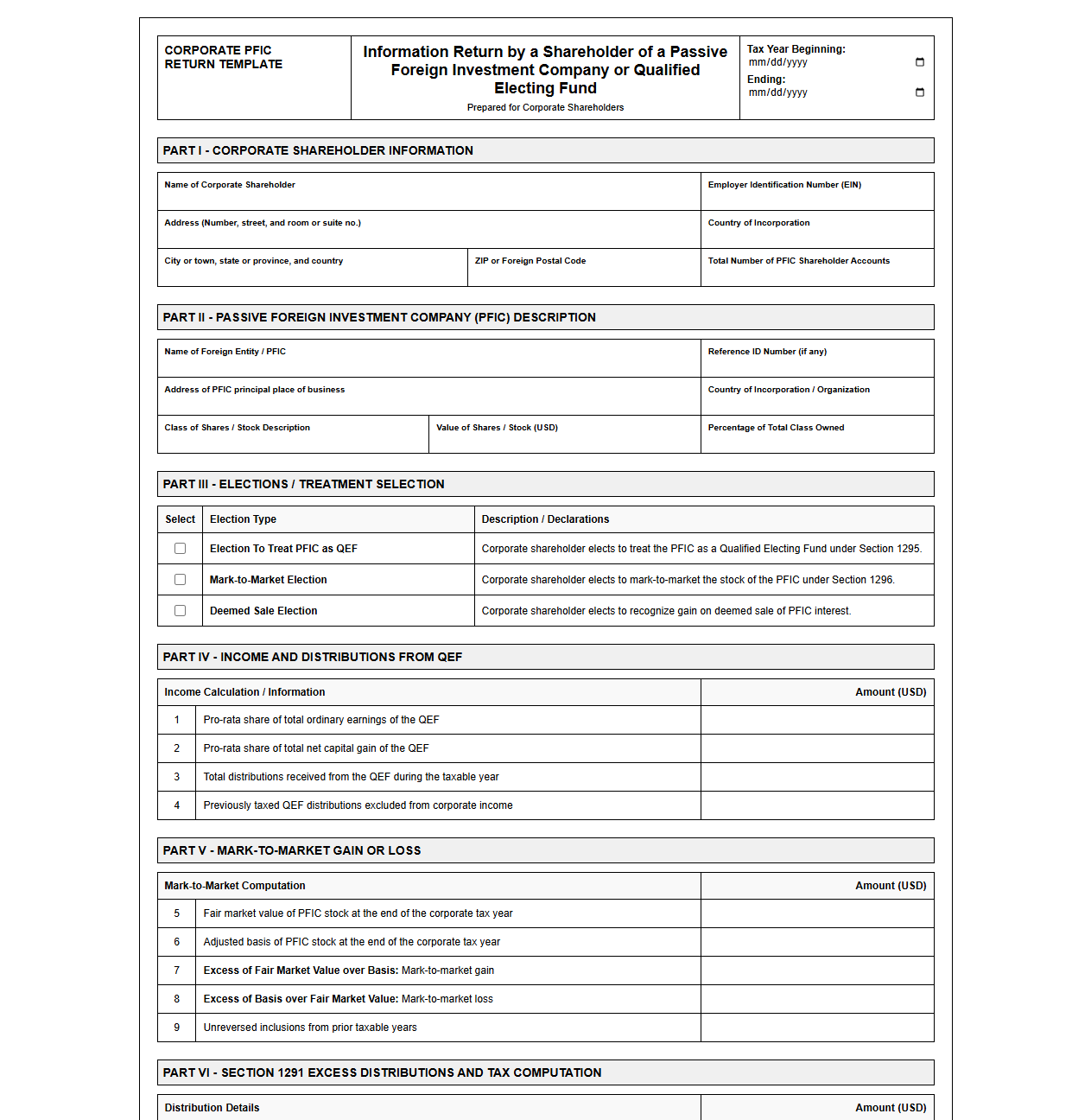 PFIC Information Return Template for Corporations