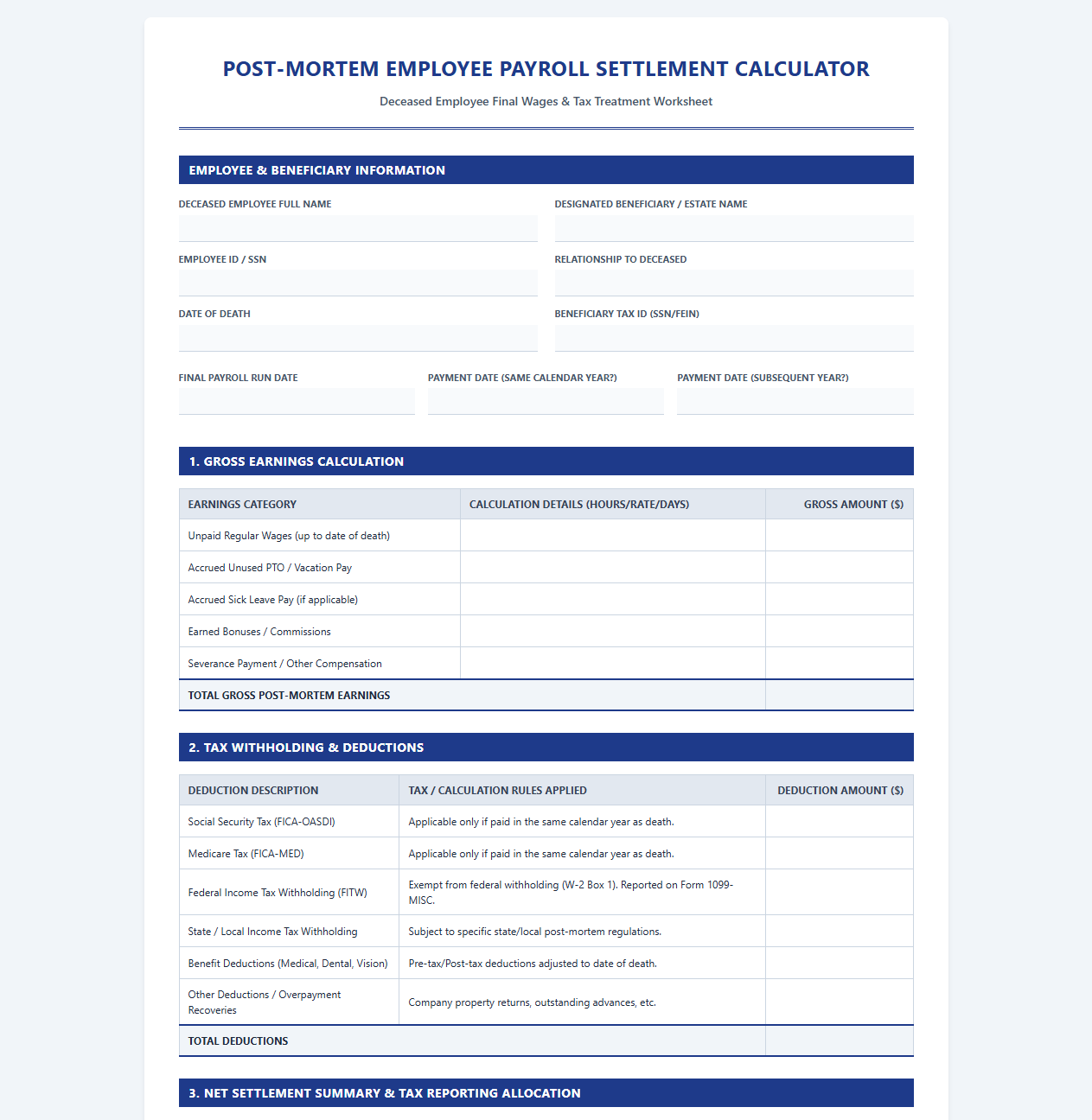 Post-Mortem Employee Payroll Settlement Calculator