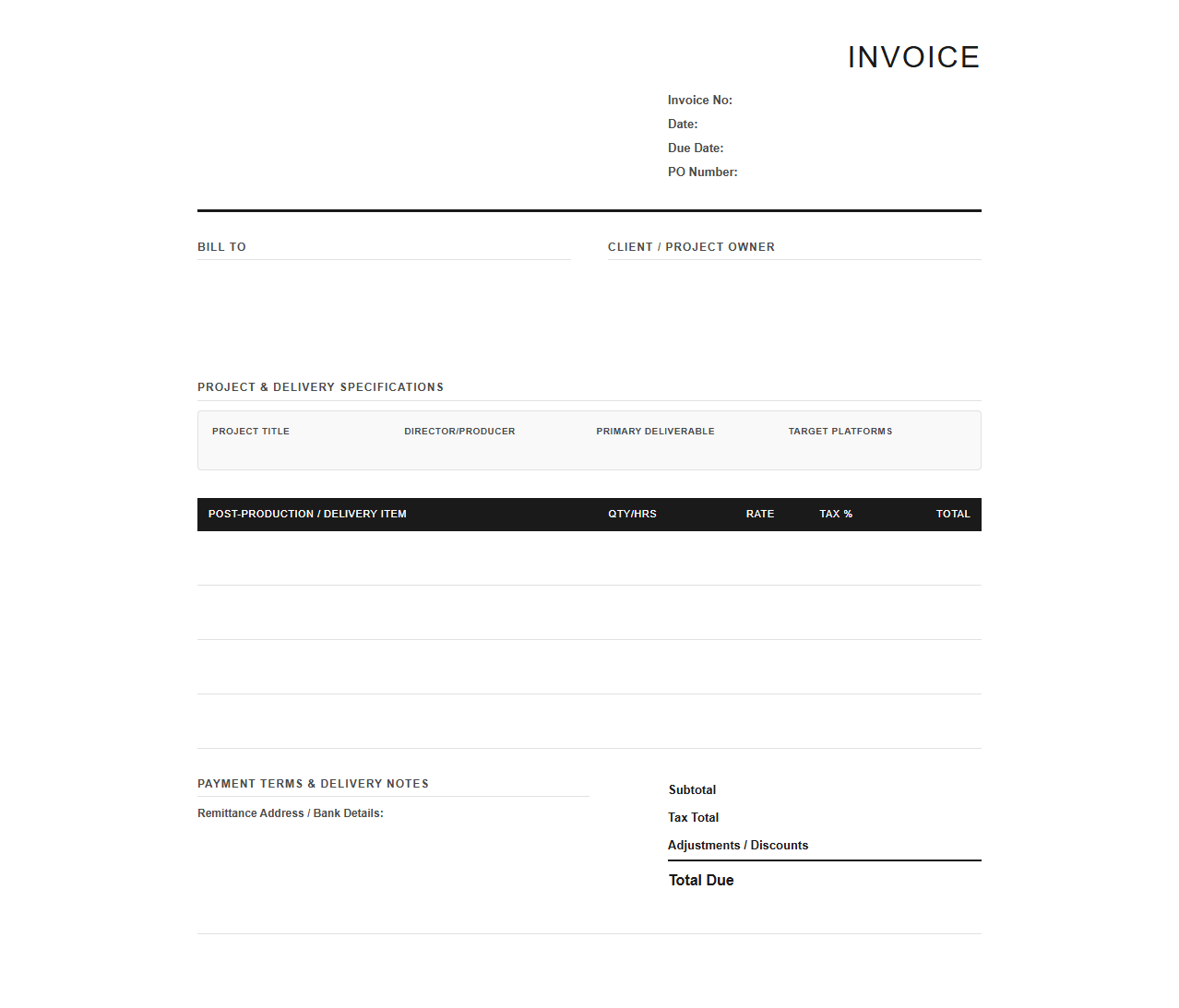 Post-Production and Media Delivery Invoice