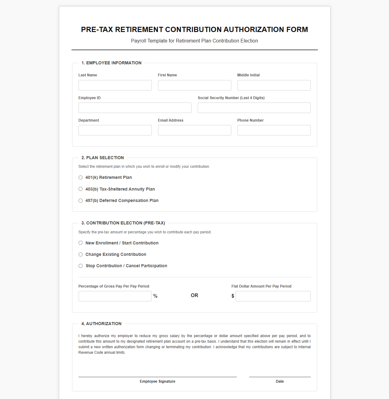 Pre-Tax Retirement Contribution Authorization Form