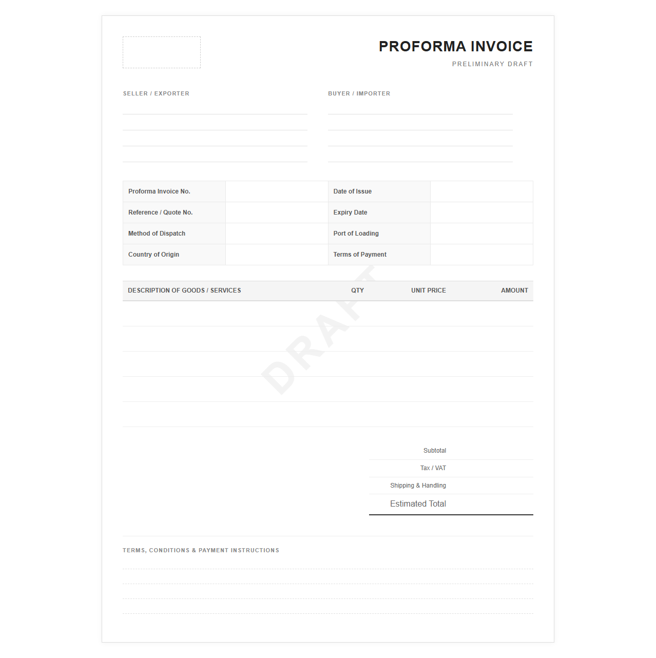 Preliminary Proforma Invoice Template
