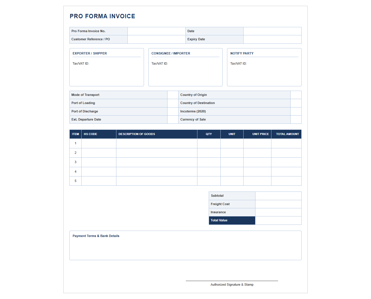Pro Forma Invoice Template for International Shipping