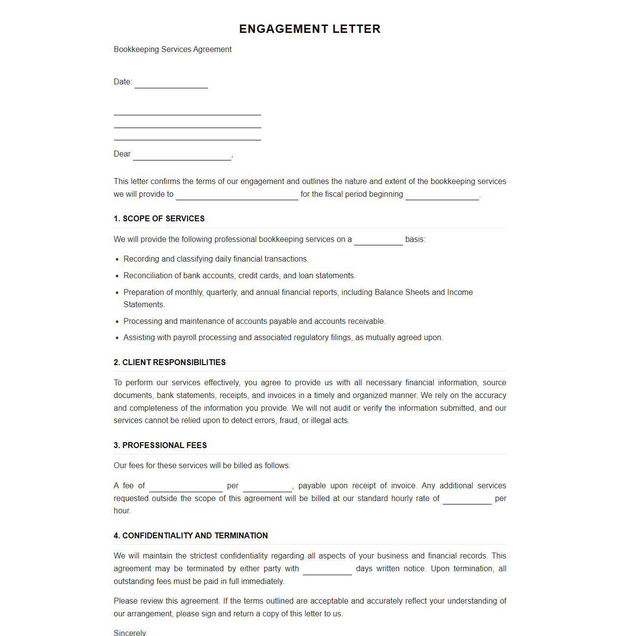 Professional Bookkeeping Engagement Letter Template