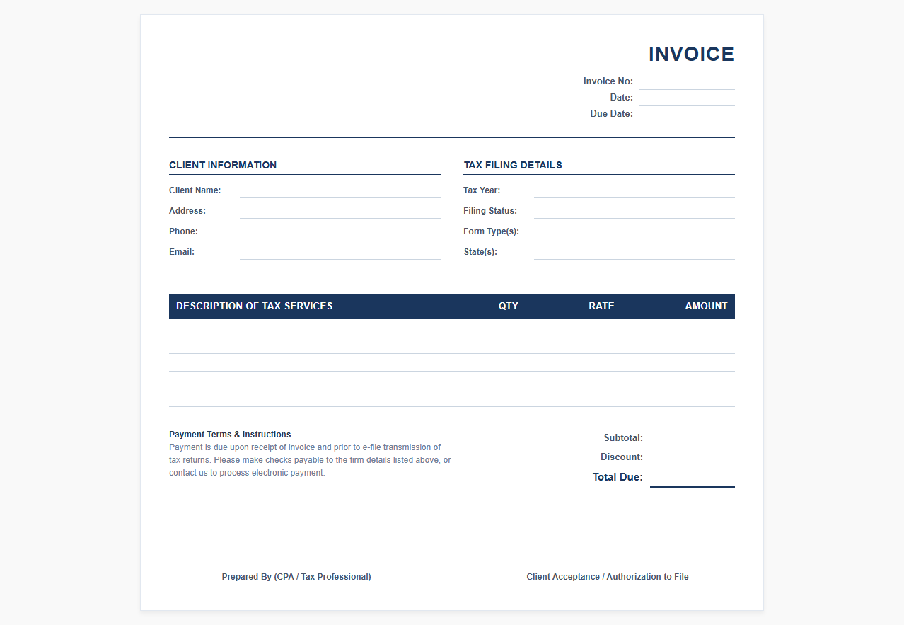 Professional CPA Tax Filing Service Invoice