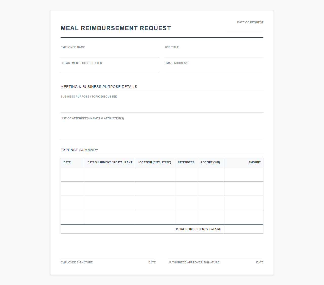 Professional Meeting Meal Reimbursement Template