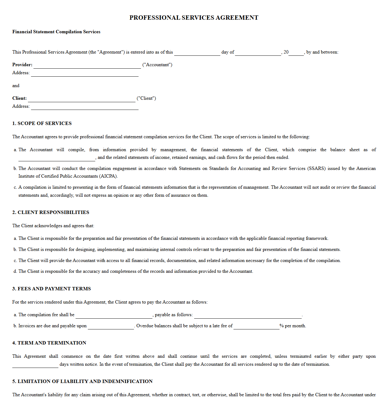 Professional Services Agreement for Financial Compilations