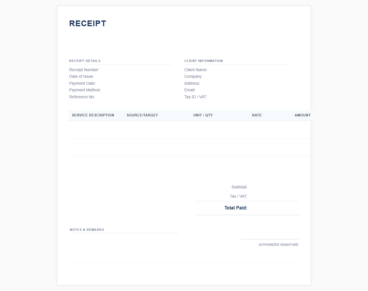 Professional Translator Receipt Template