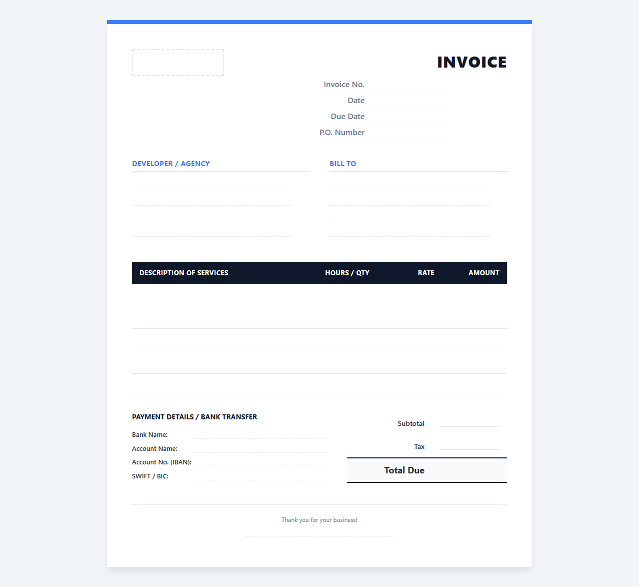 Professional Web Developer Invoice Sheet