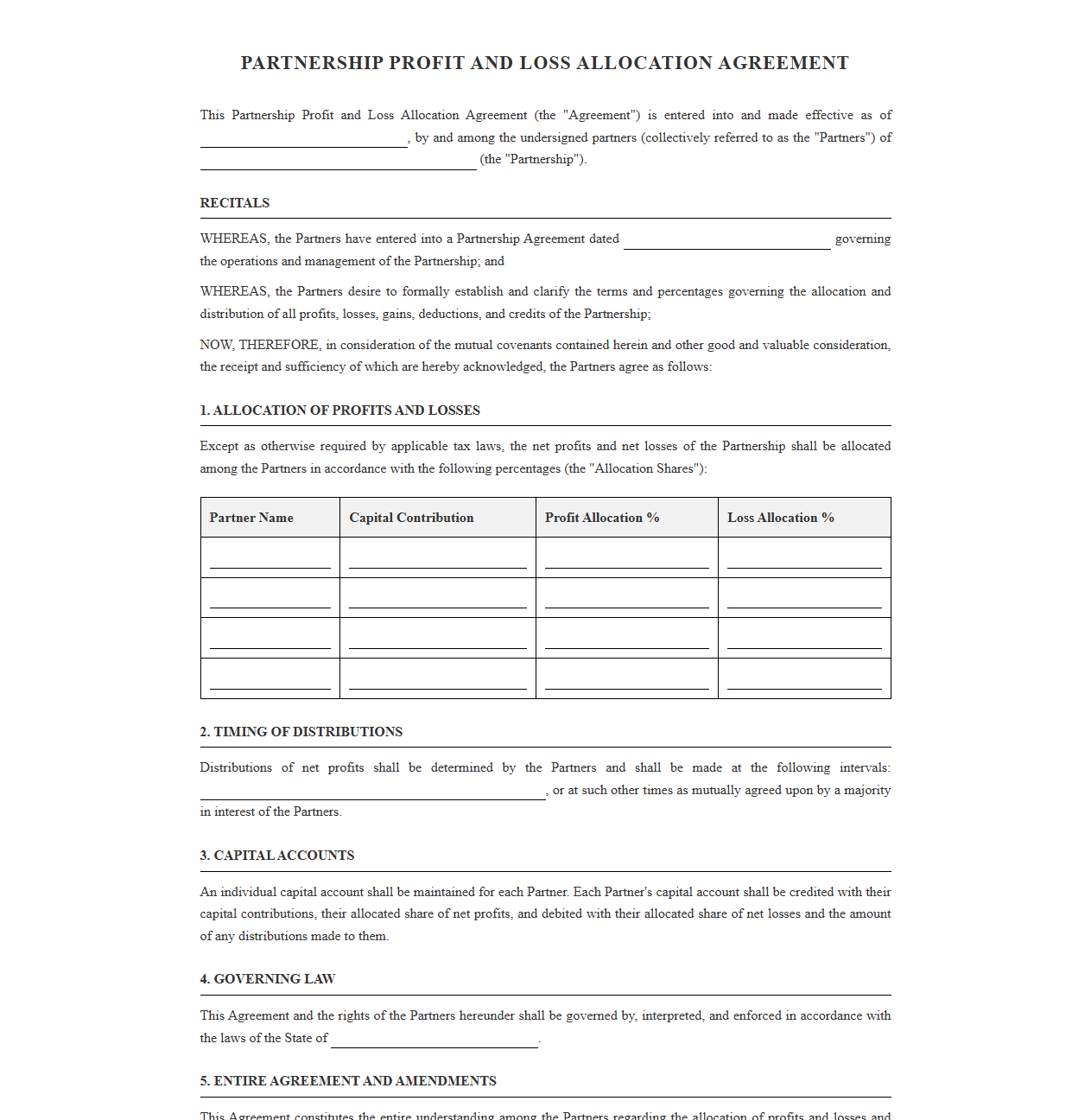Profit and Loss Distribution Agreement for Partners