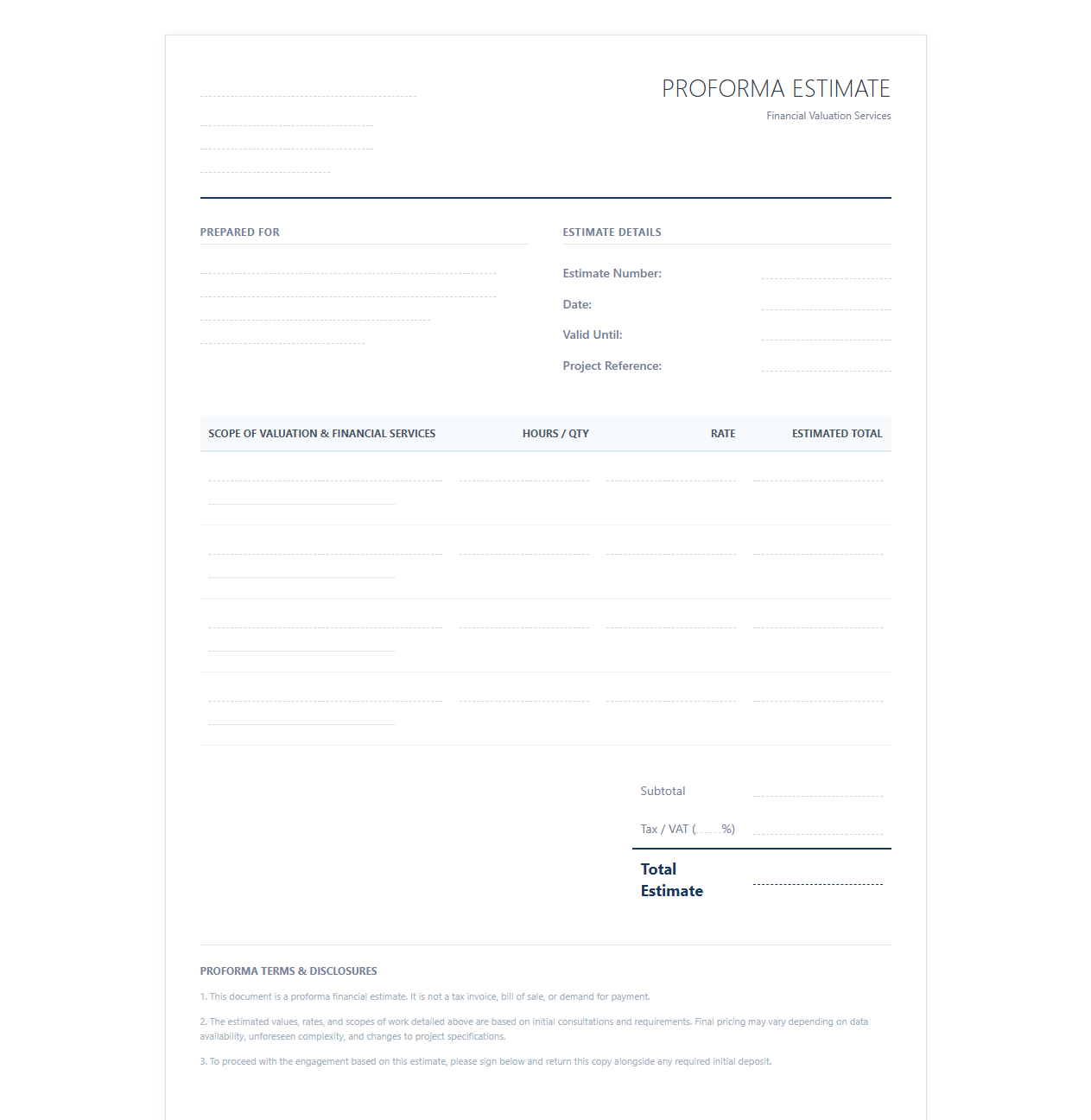 Proforma Billing Template for Financial Valuations