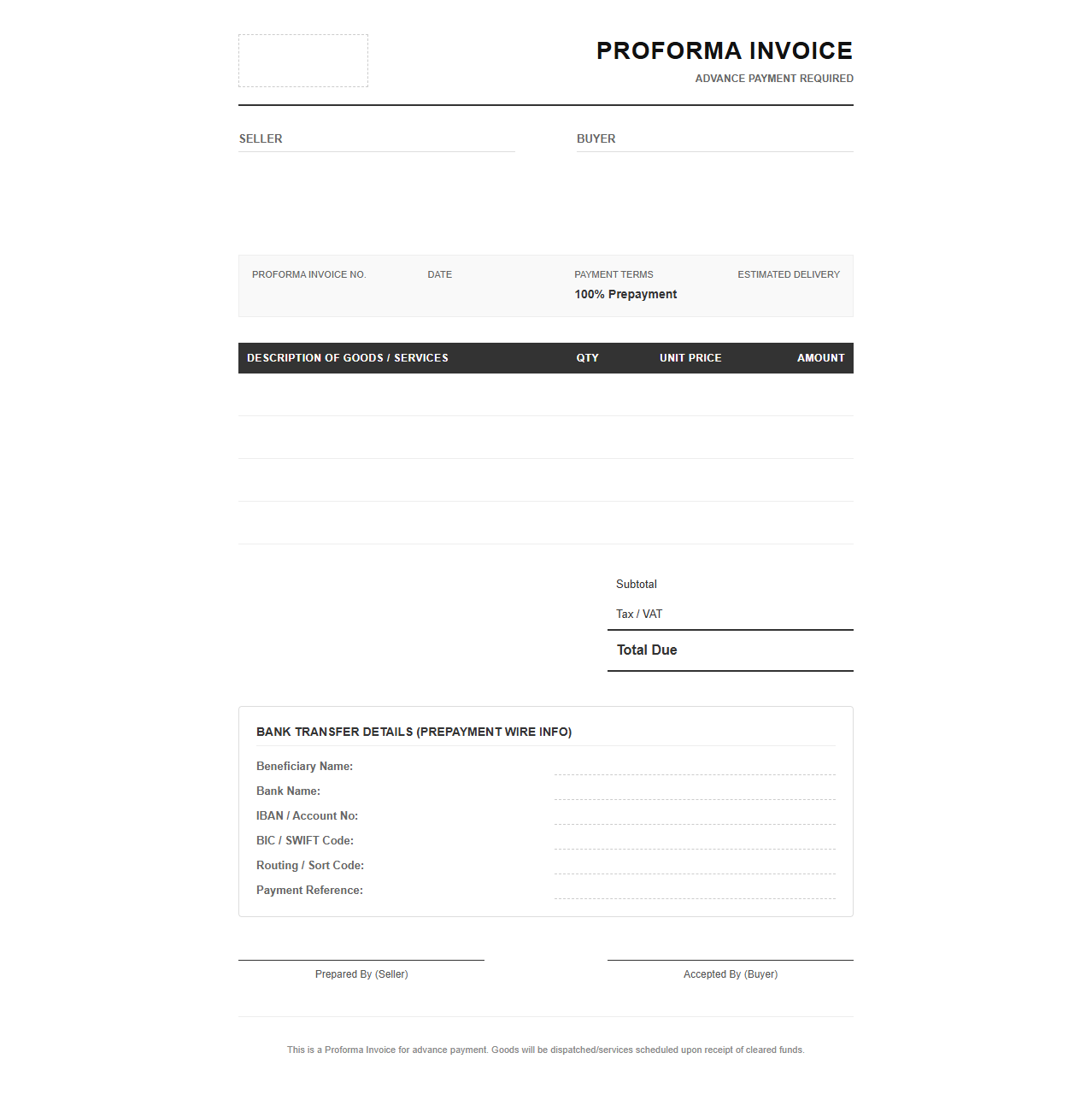Proforma Invoice for Advance Payment