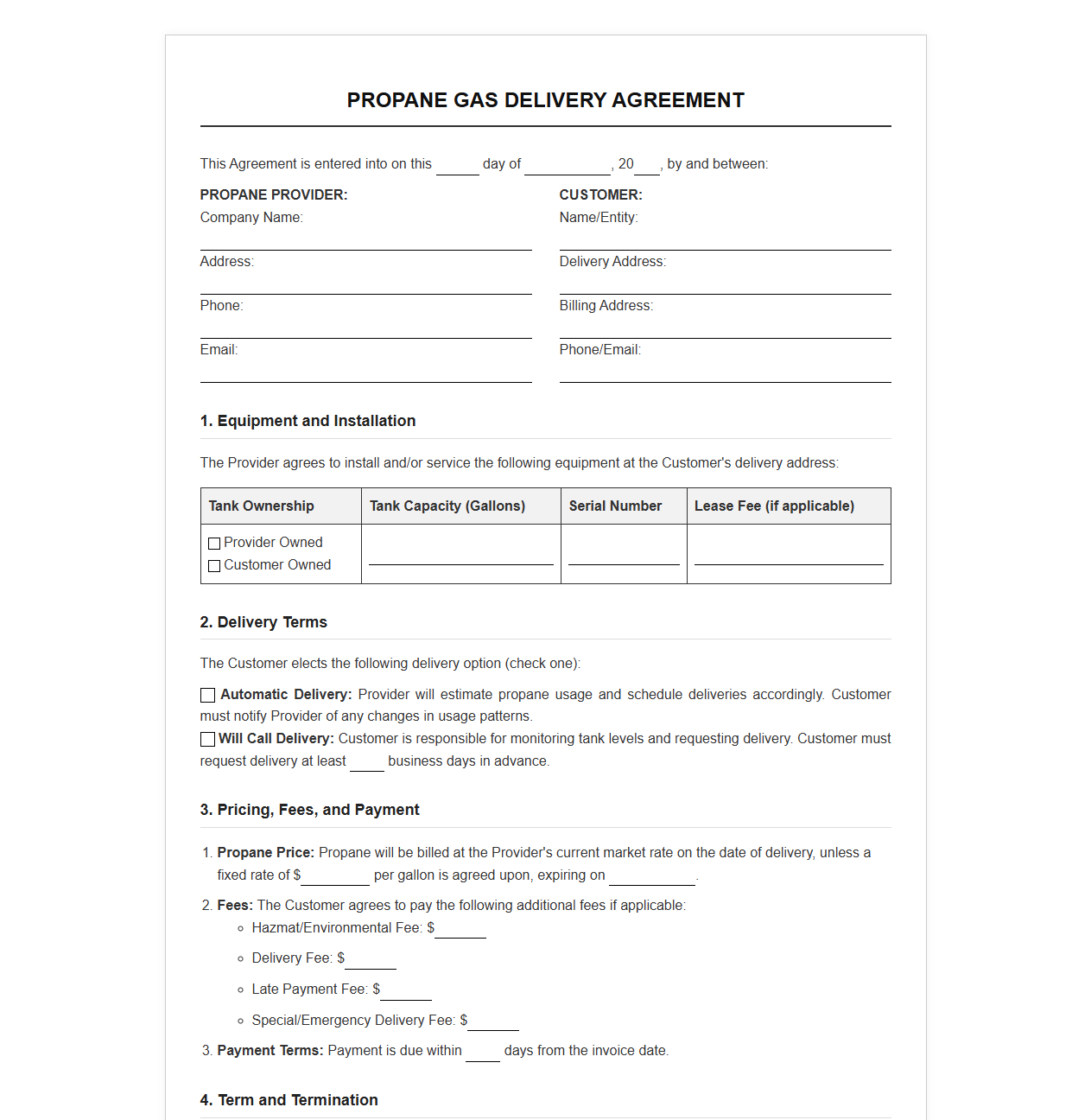 Propane Gas Delivery Agreement Template