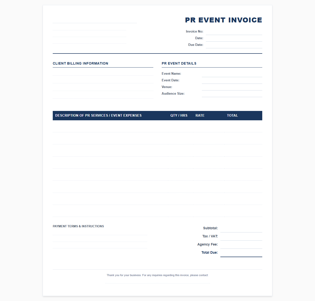Public Relations Event Billing Invoice