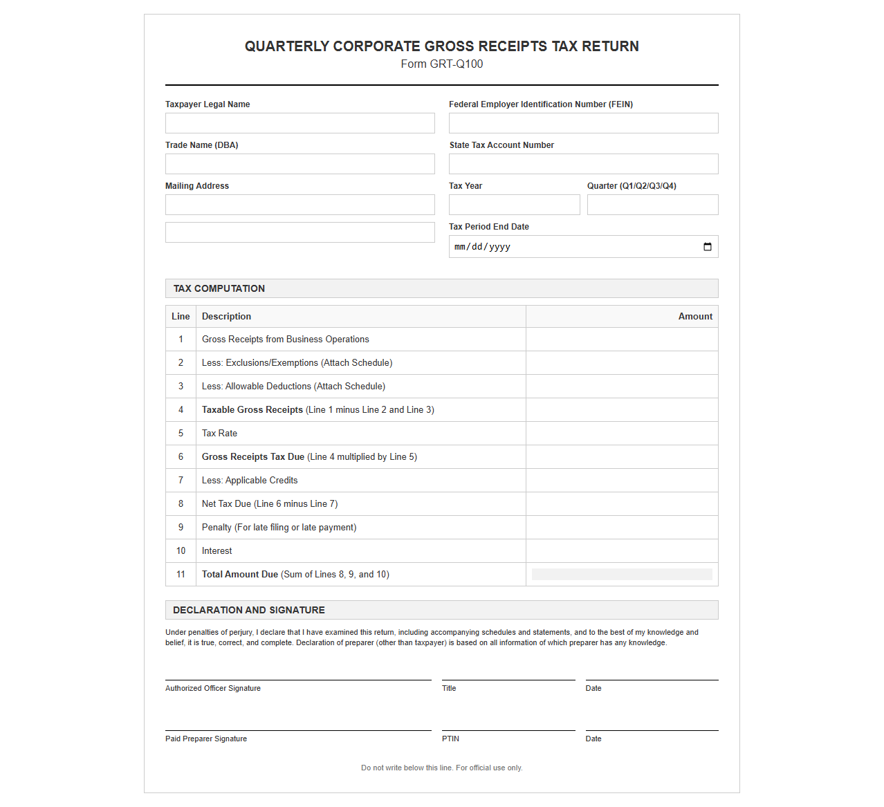Quarterly Corporate Gross Receipts Tax Return Template