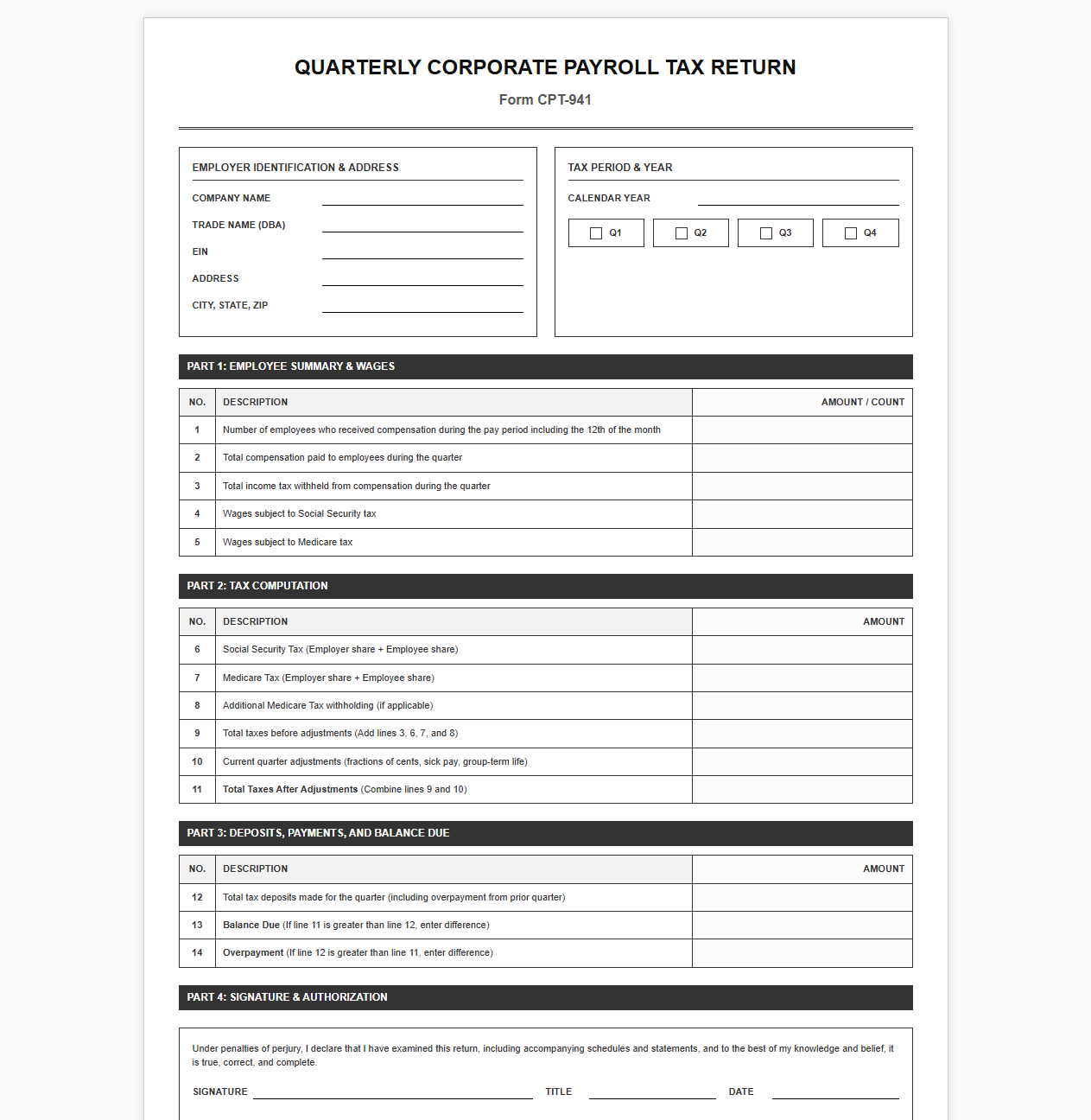 Quarterly Corporate Payroll Tax Return Template