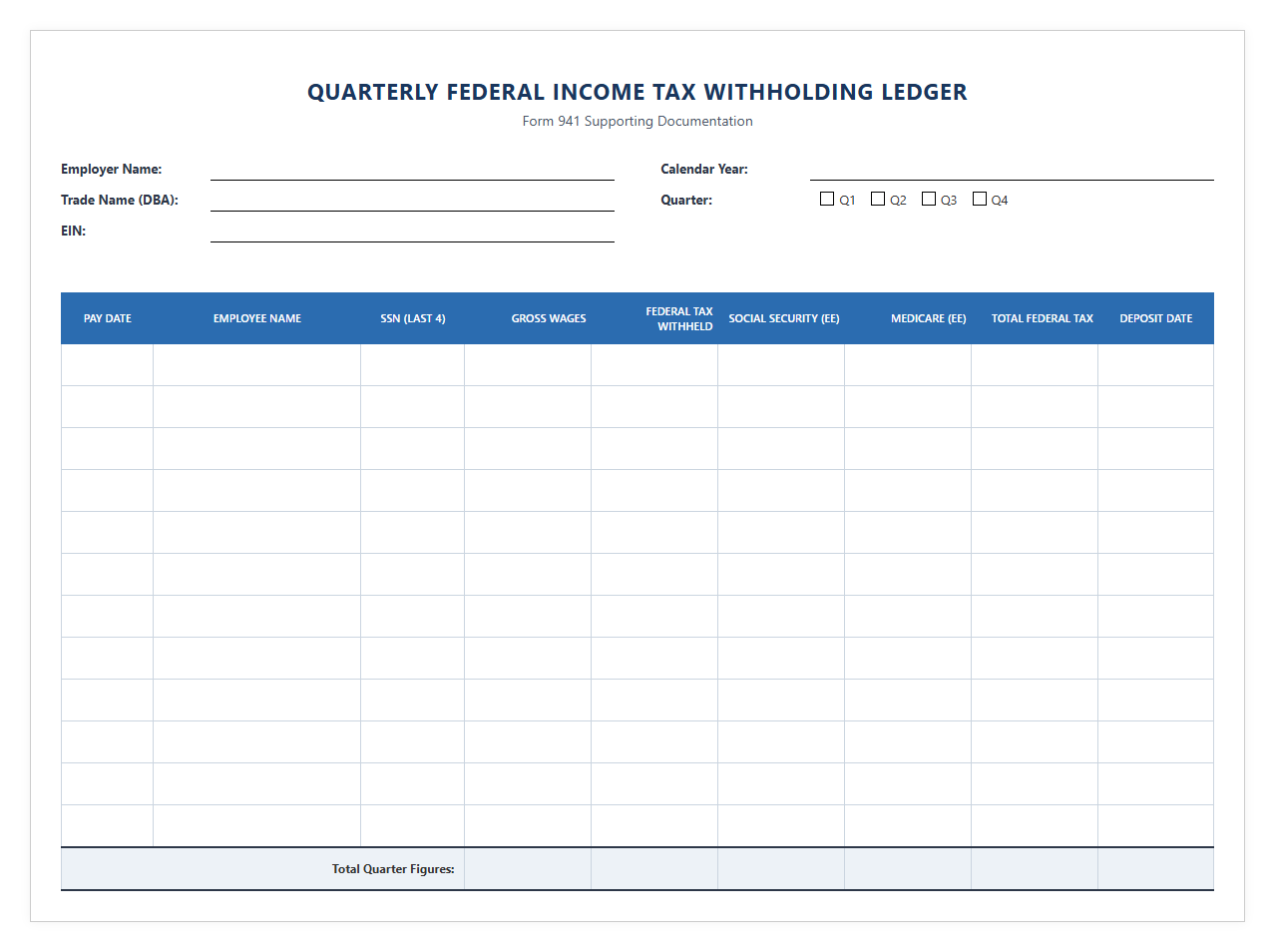 Quarterly Federal Income Tax Withholding Ledger