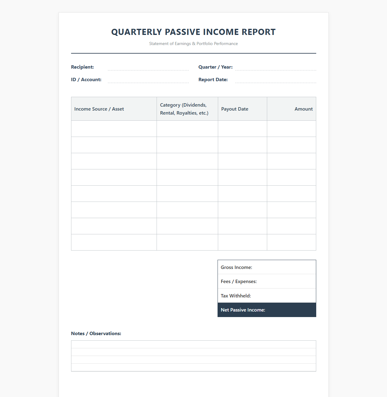 Quarterly Passive Income Report Template