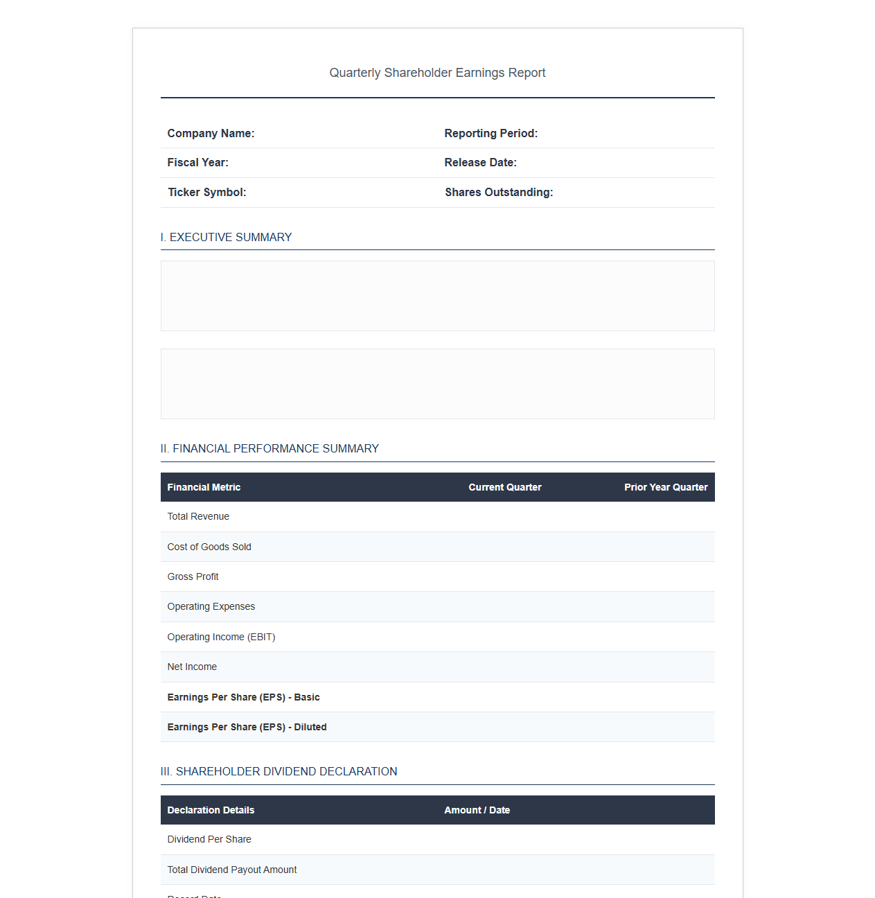 Quarterly Shareholder Earnings Report Template