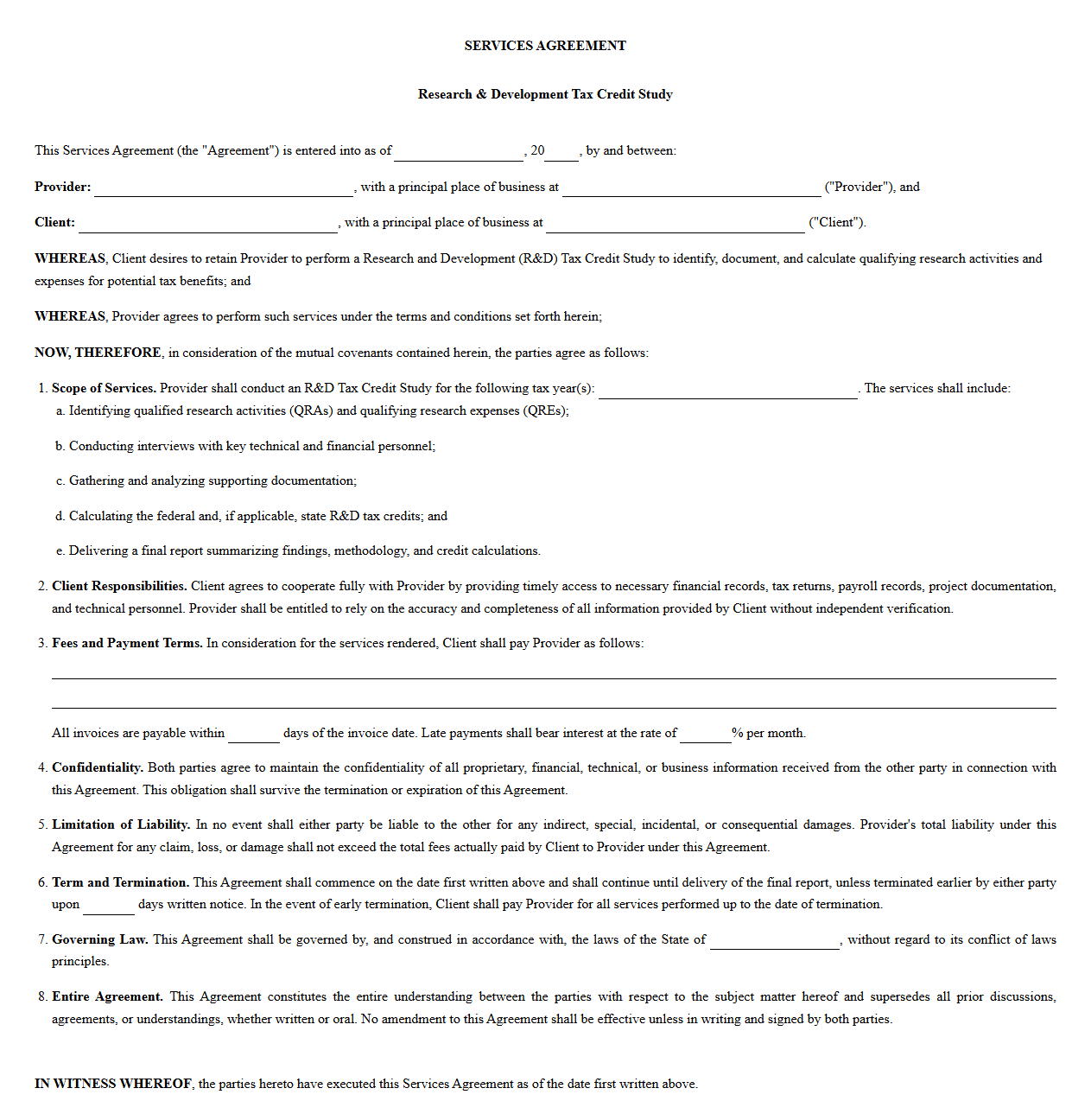 R&D Tax Credit Study Services Agreement