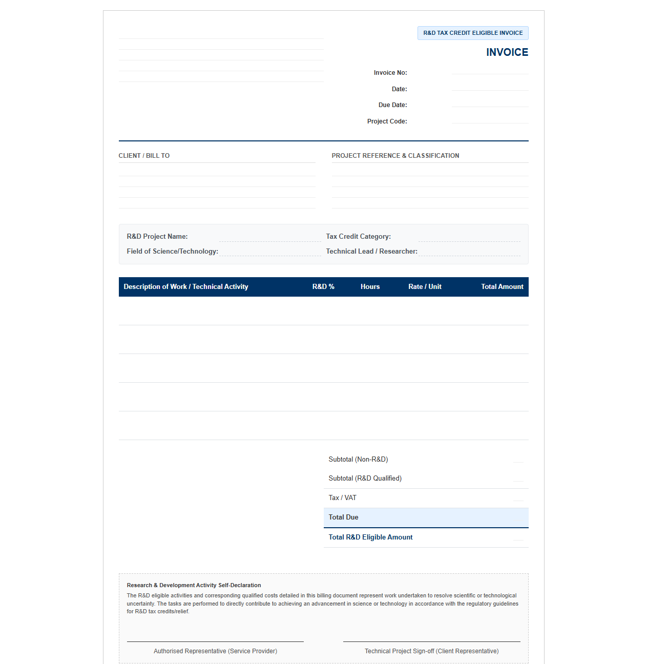 R&D Tax Relief Eligible Billing Document