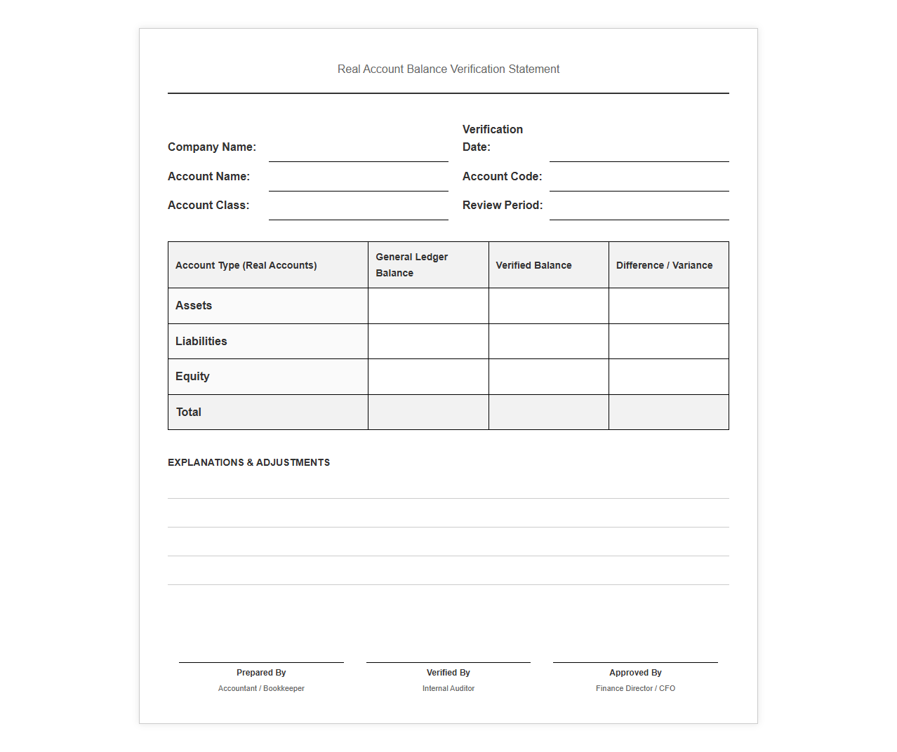 Real Account Balance Verification Statement Template