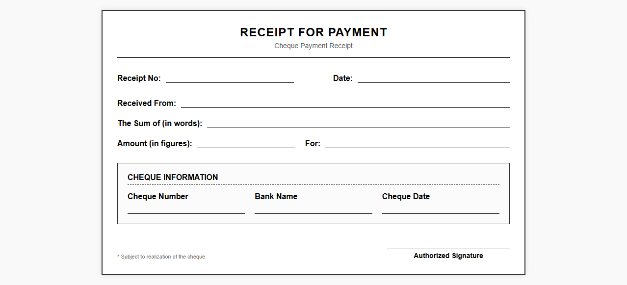 Receipt for Payment by Cheque