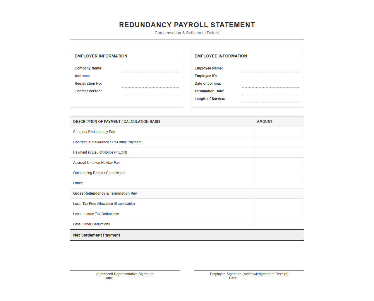 Redundancy Compensation Payroll Statement Format