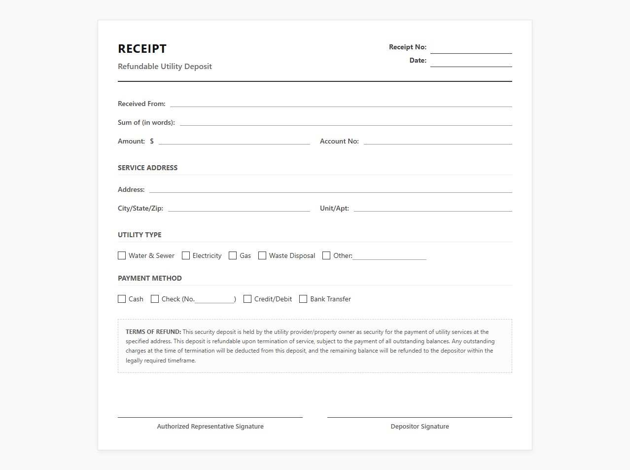 Refundable Utility Deposit Receipt Template