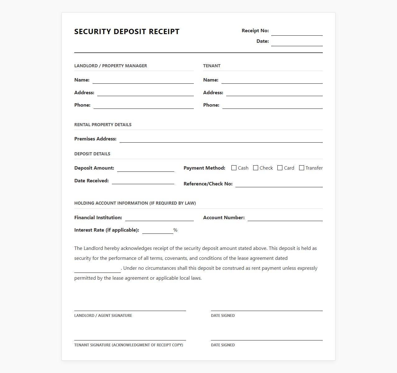 Rental Security Deposit Receipt Template
