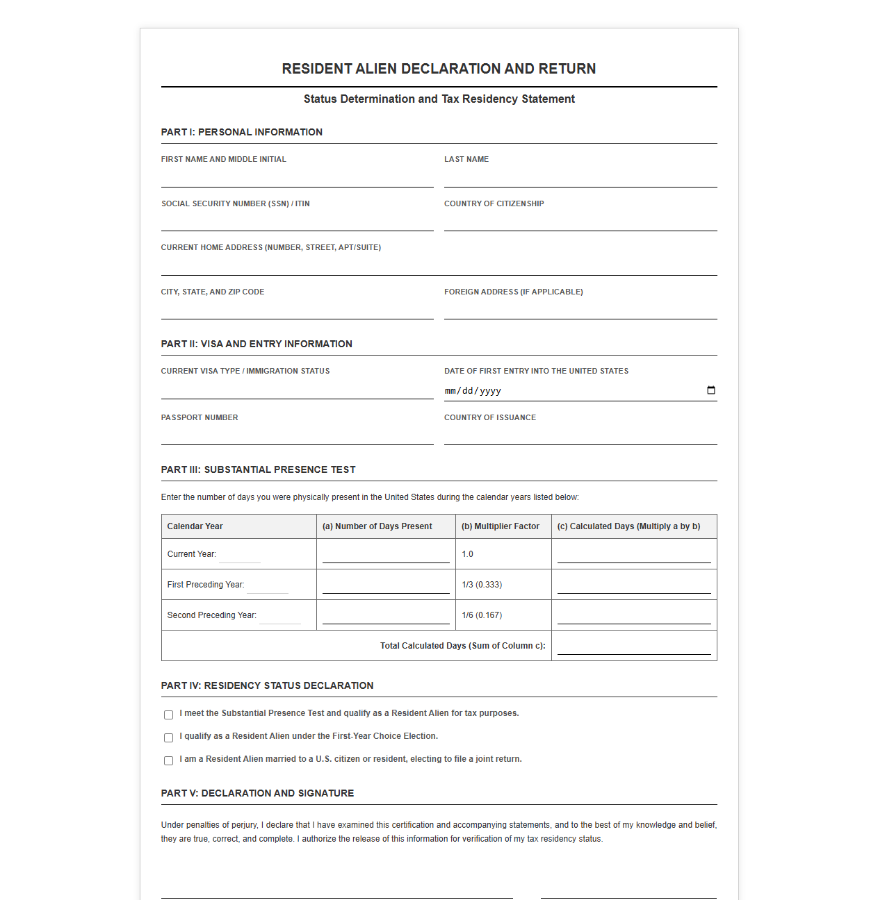 Resident Alien Declaration and Return Template