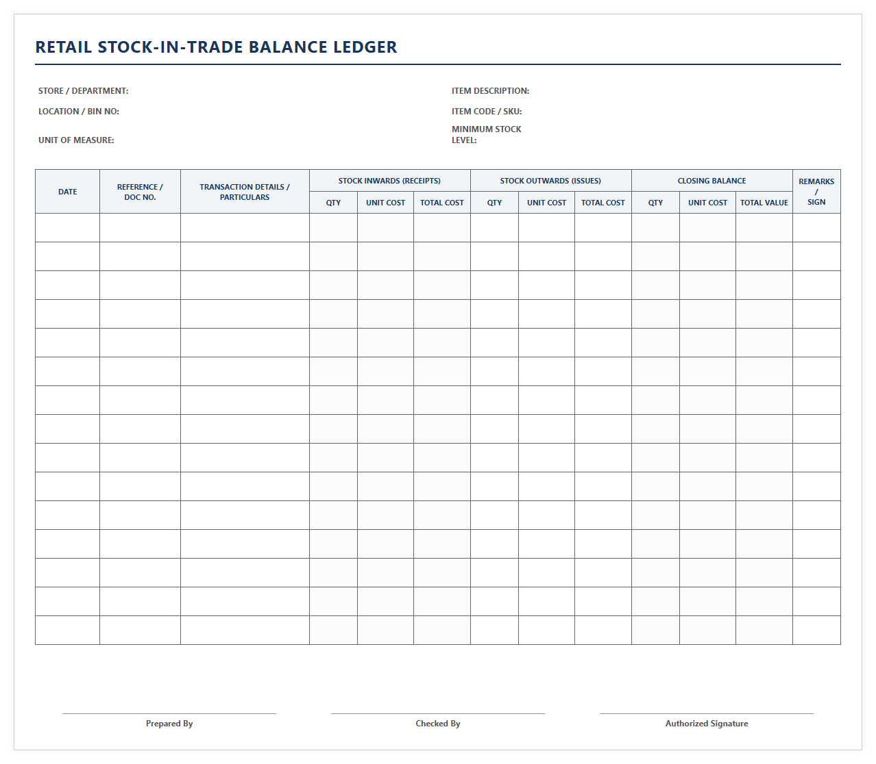 Retail Stock-in-Trade Balance Ledger