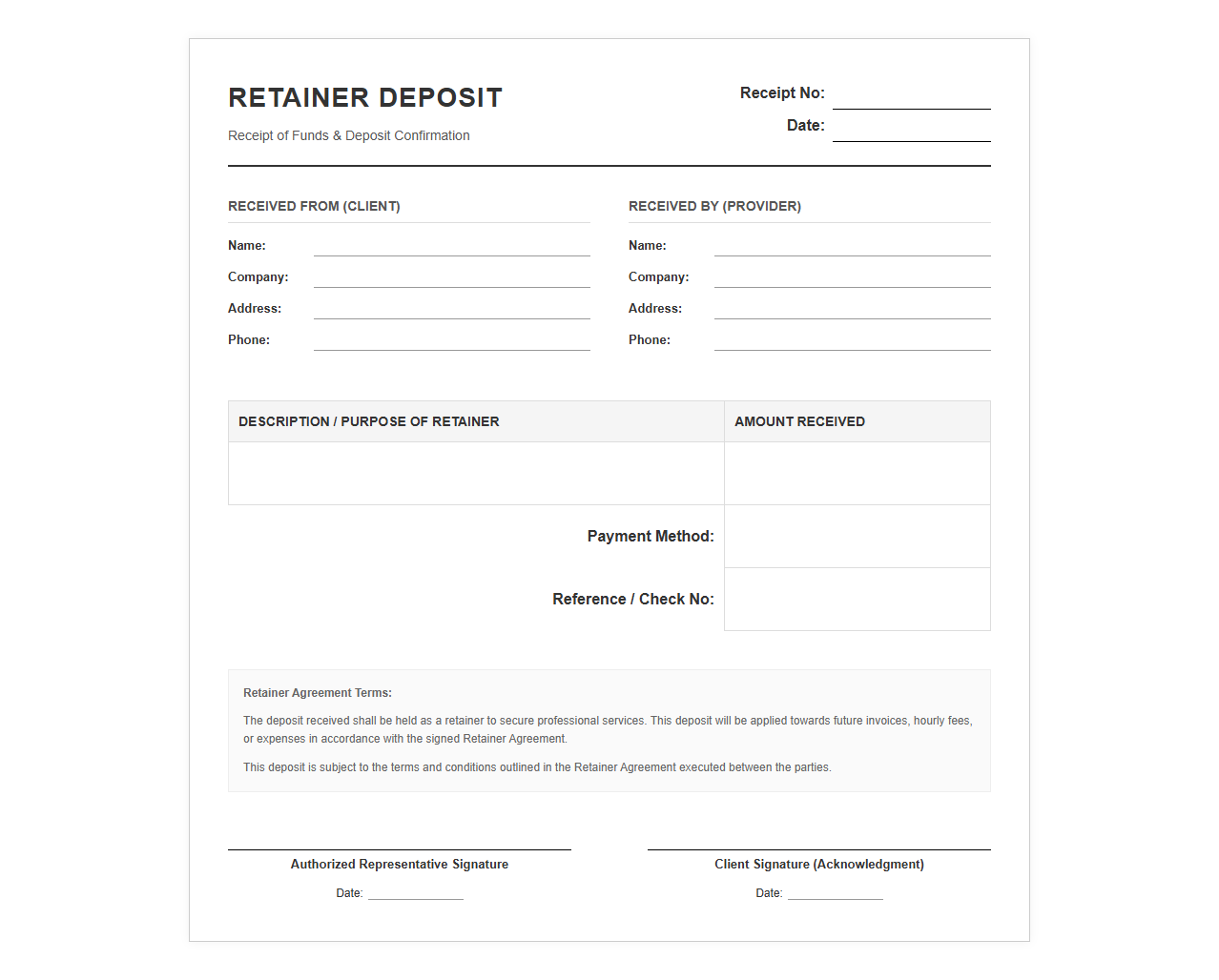 Retainer Agreement Deposit Receipt Form
