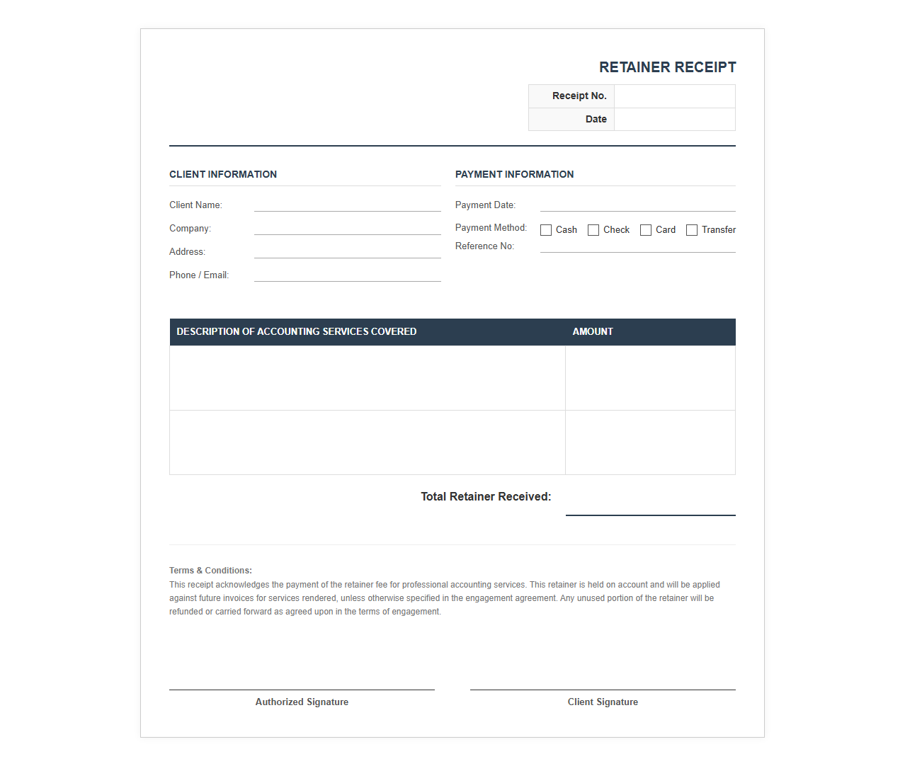 Retainer Fee Receipt for Professional Accounting Services