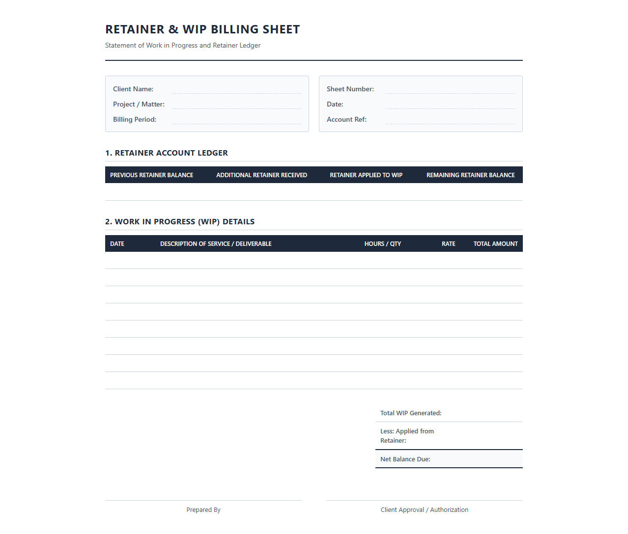 Retainer and Work in Progress Billing Sheet