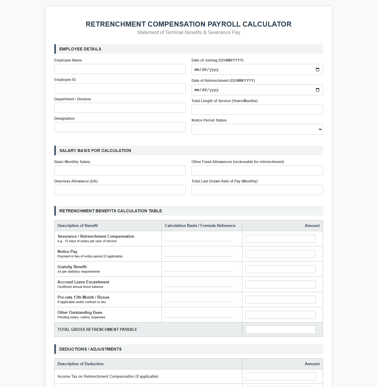 Retrenchment Compensation Payroll Calculator