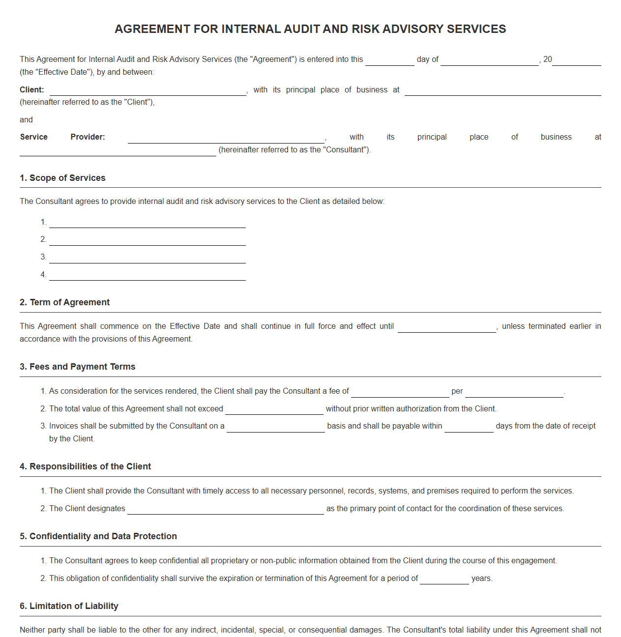 Risk Advisory and Internal Audit Services Contract Template