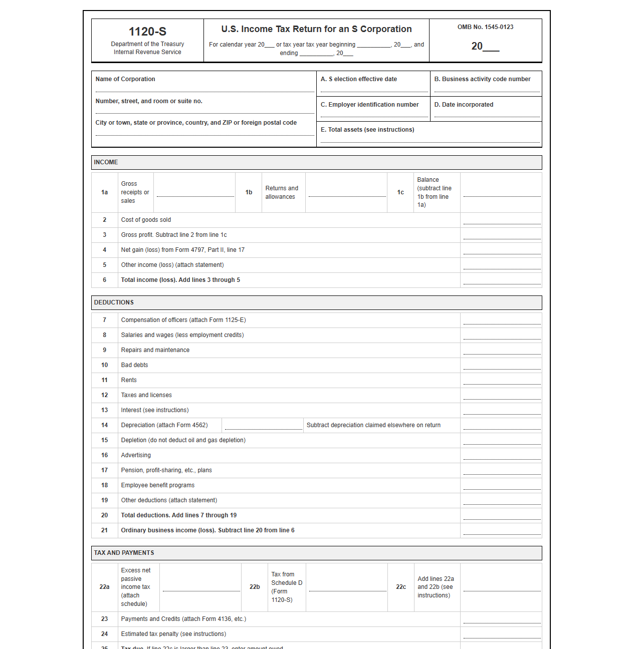 S Corp Federal Income Tax Return Template