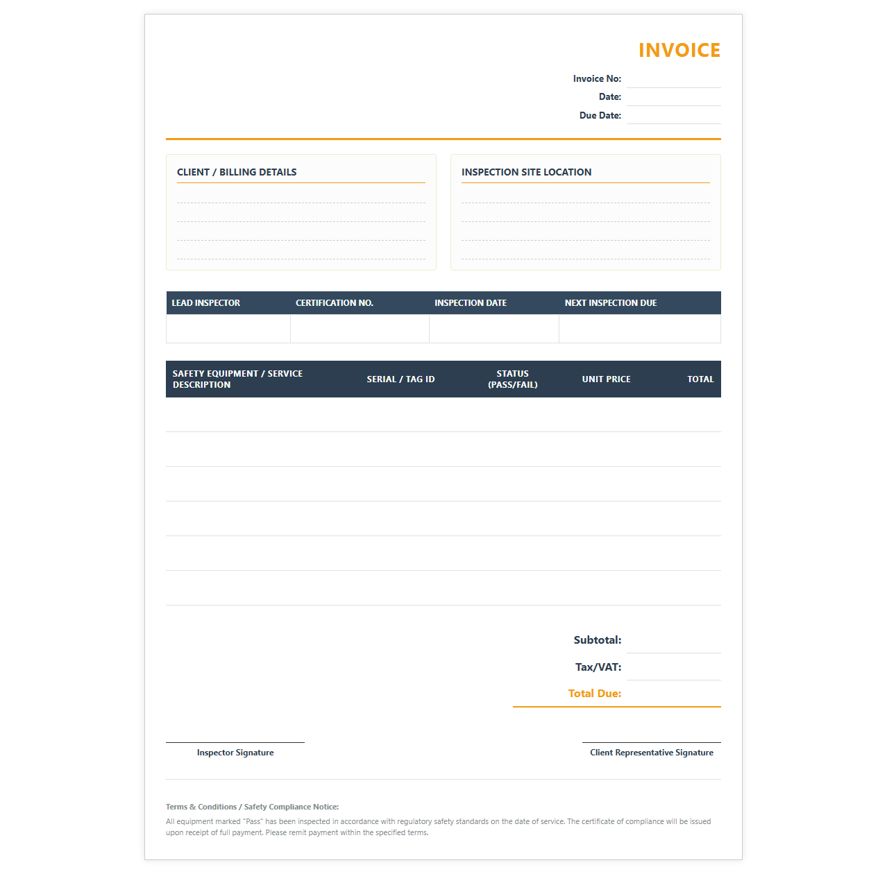 Safety Equipment Inspection Service Bill