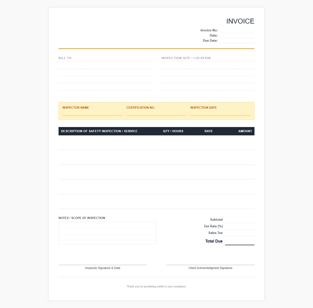 Safety Inspection Billing Invoice