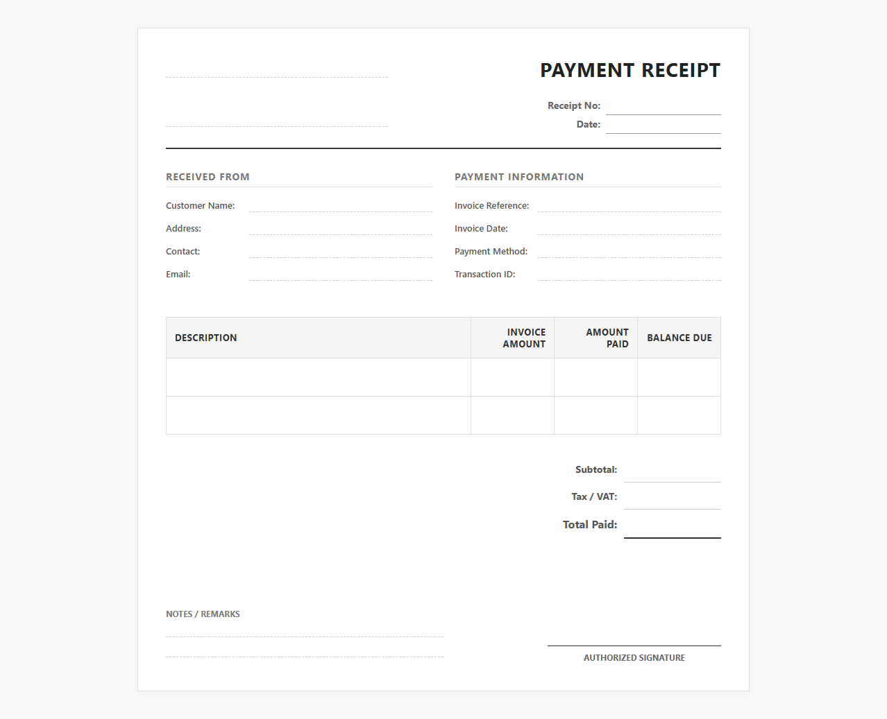 Sales Invoice Payment Receipt Template