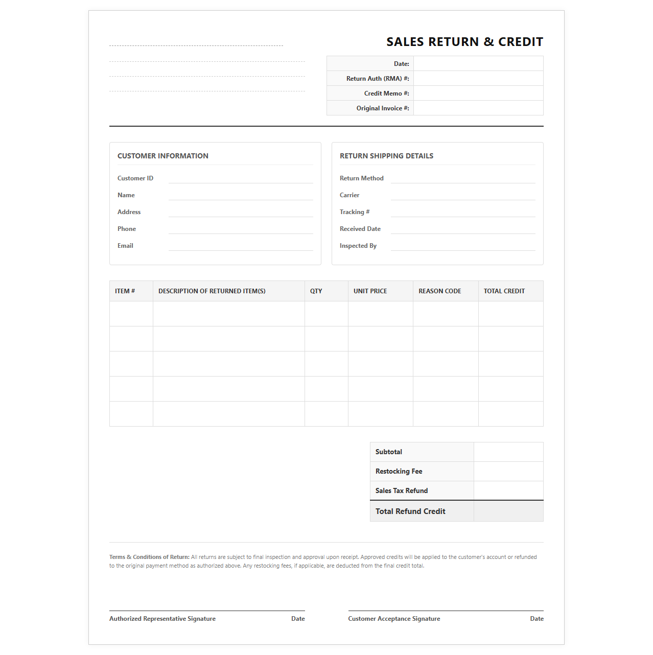 Sales Return Authorization and Refund Credit Template