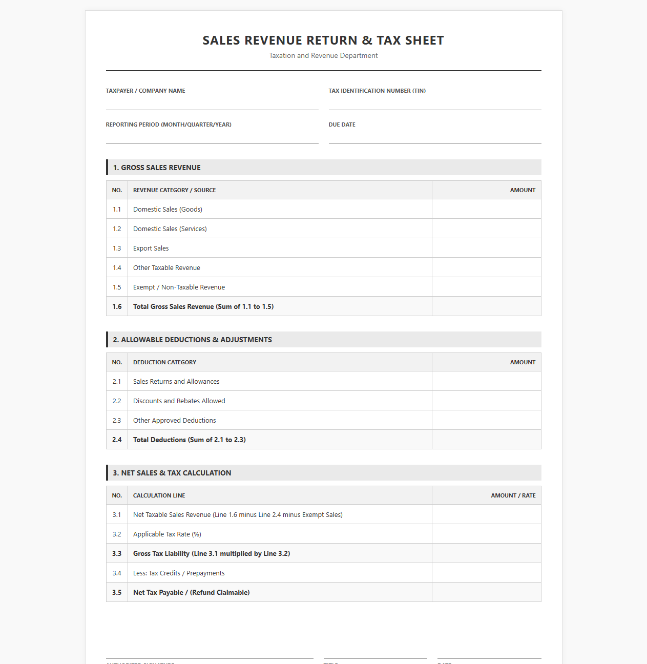 Sales Revenue Return and Tax Sheet