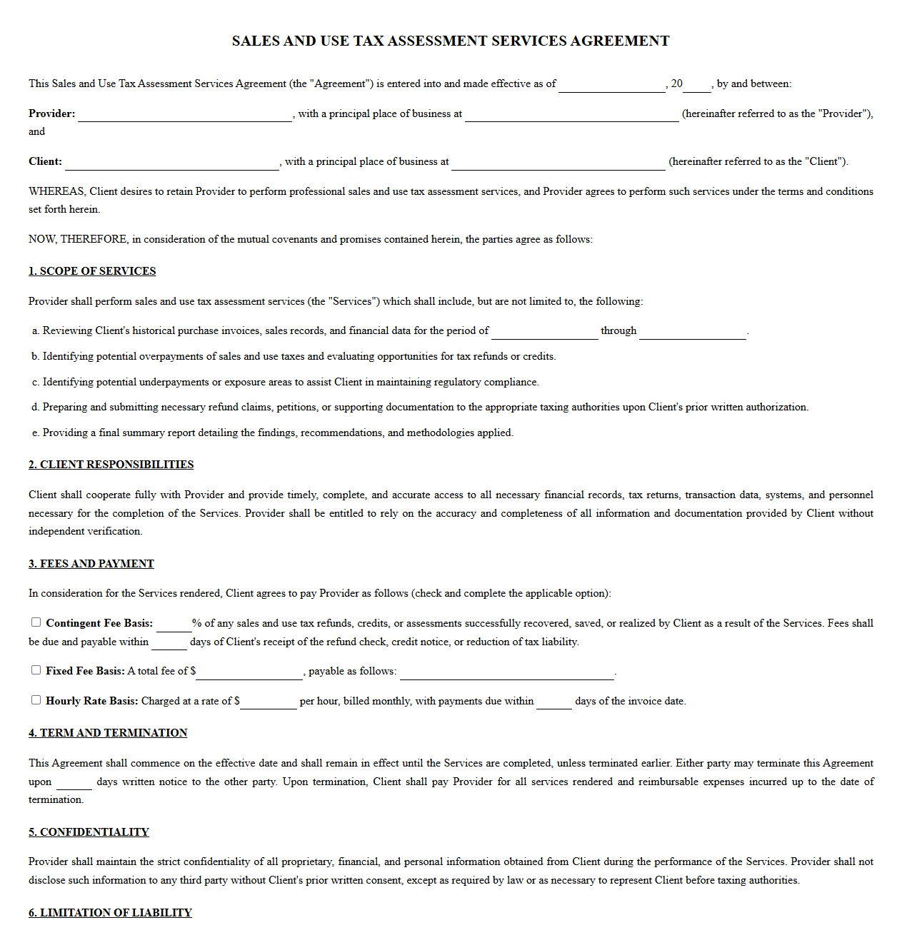 Sales and Use Tax Assessment Services Agreement