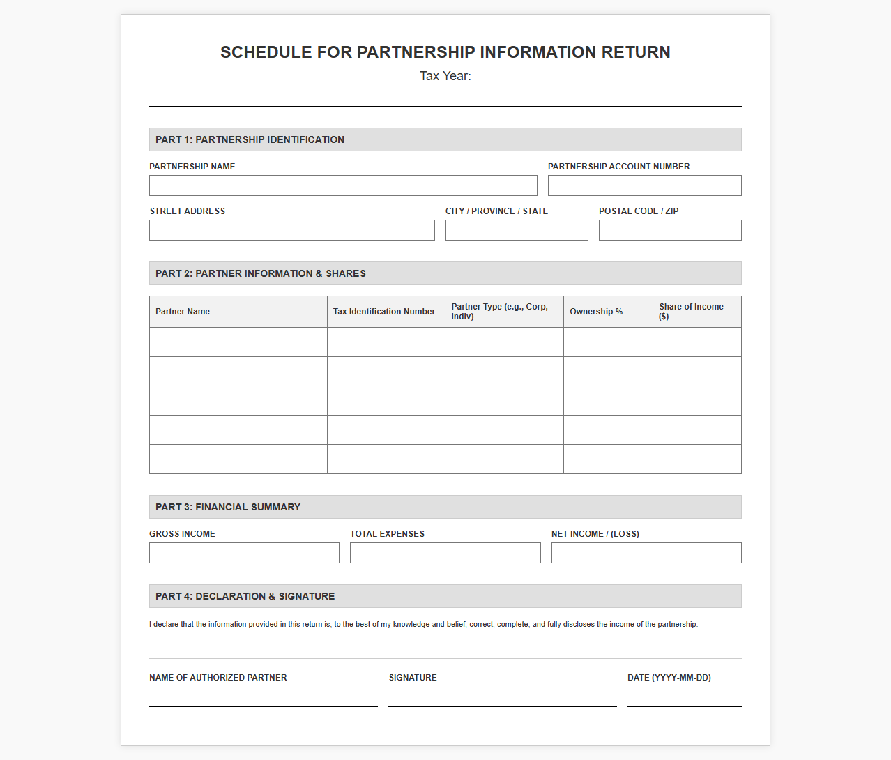 Schedule for Partnership Information Return