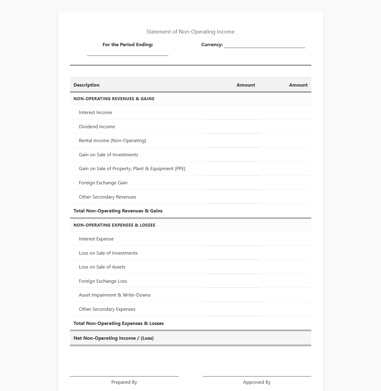 Secondary Income Statement Template