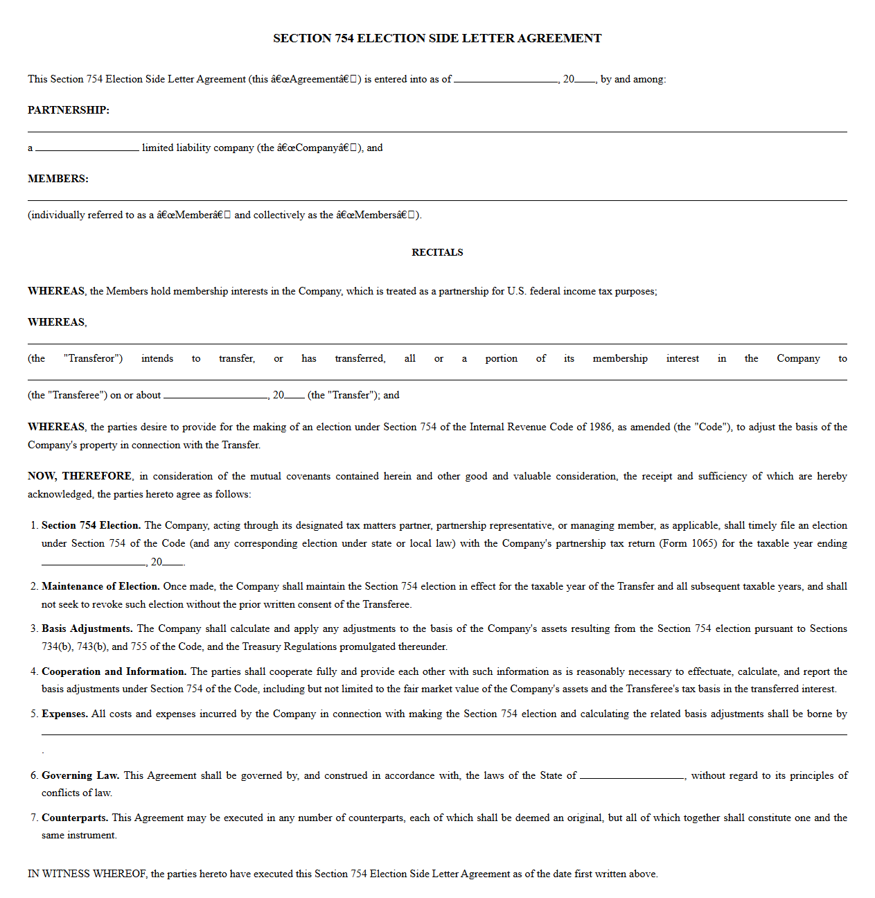 Section 754 Tax Election Side Letter Agreement