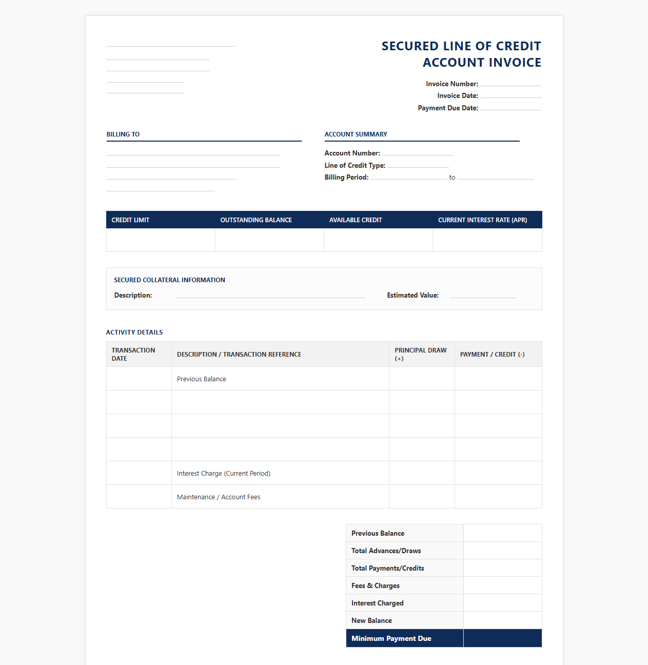 Secured Line of Credit Account Invoice
