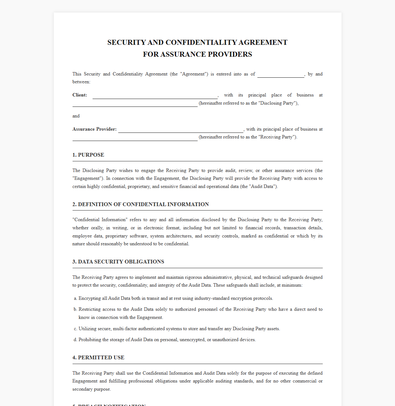 Security and Confidentiality Agreement for Assurance Providers